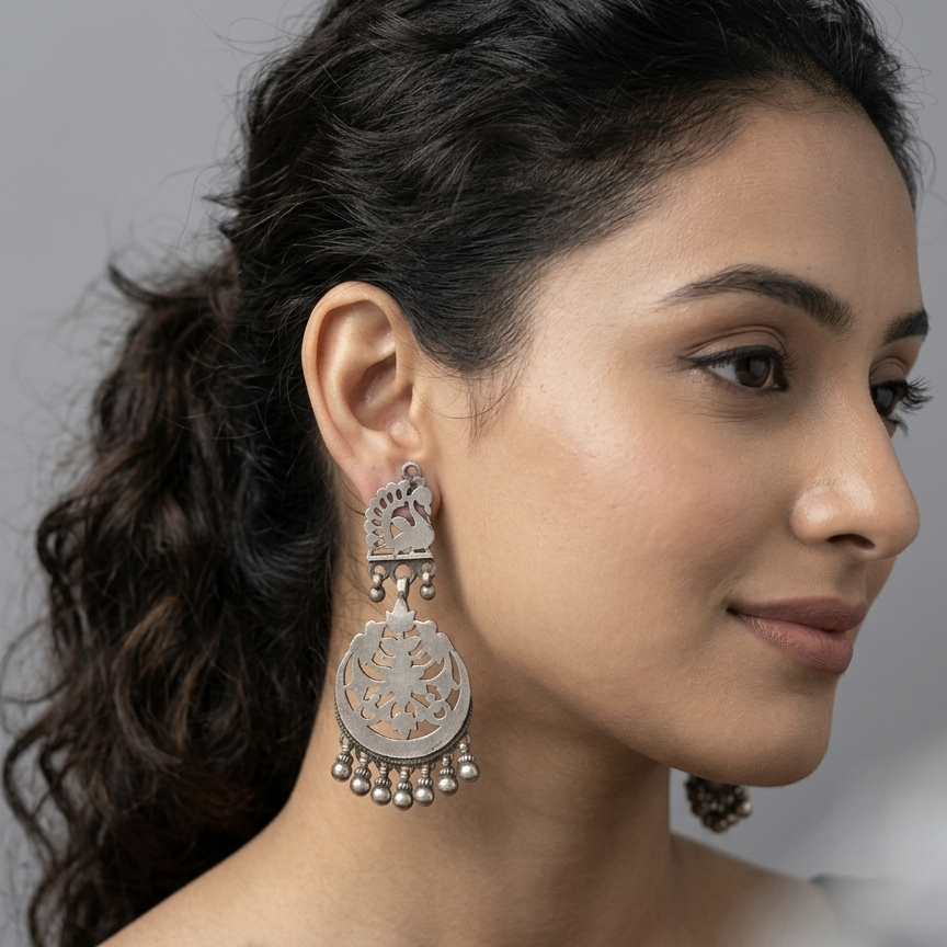 Silver Peacock Chandbali Earrings 
